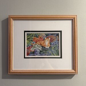 Vtg Watercolor Painting Orange Tabby Cat Garden Matted Wood Framed Wall Art 90s